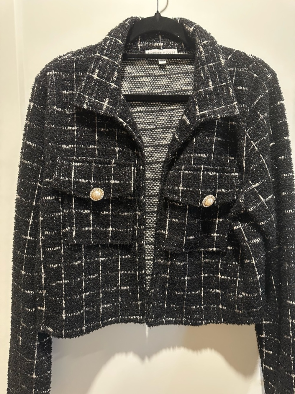 Sincerly Jules Black and White Tweed Cropped Blazer with Pearl Buttons